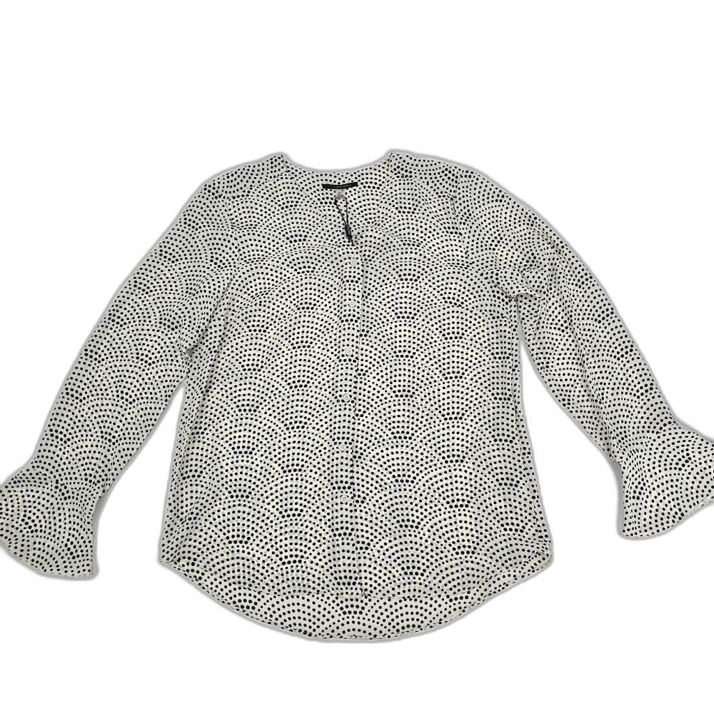 T Tahari Long Sleeve Button-Up Ivory-Black Scalloped Dot Size S NWT